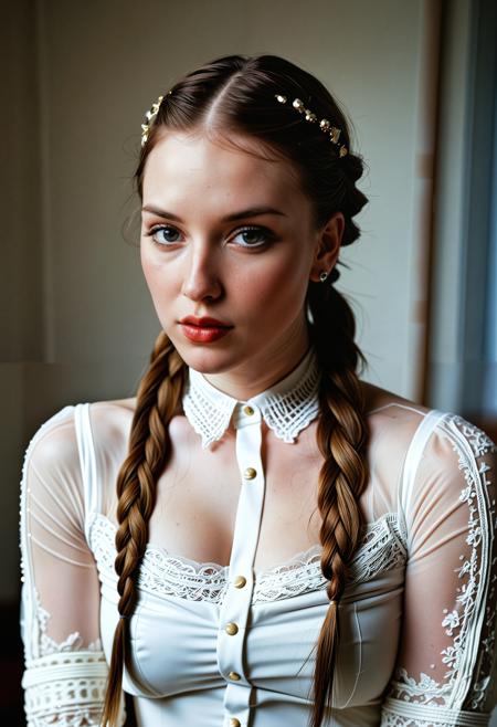 (Close up analogue photo) of a beautiful 25 years ((pale skin)), oval face, auburn haired woman, <lora:Jacinta_SDXL:0.8>,perfect face, sexy pose, wearing A long-sleeved cotton blouse with lace detailing tucked into a pleated satin skirt. Include embroidered tights, heeled Mary Janes, and a velvet sash. Add a pearl-studded headband and lace wrist cuffs, perfect eyes, detailed eyes, detailed iris, realistic skin, absolute perfect tits, soft tits, natural tits, (fine-box-braid-hair:1.6),,high quality, film grain, Fujifilm XT3, 8k uhd, dslr, film grain, kodak tri-x 400 film, grain photo DOF, faint lighting, dynamic angle, cinematic, Depth of field, bokeh, best quality, cinematic, light particles, highly_detailed, very_aesthetic, golden hour, beautiful_and_aesthetic ,Sexy pose, erotic pose, exhibitionism ,Ancient monastery