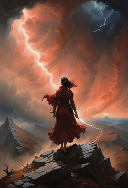 (atop the windswept mountain, amidst the fury of the raging thunderstorm, the Pirella the Red, the sorceress of the elements, her staff raised to the heavens, calls every last power to the cause of her vengeance, flowing translucent garment, a gritty and noisy photocopy of a dark fantasy book cover illustration:0.5), oil painting, (by Caspar David Friedrich, and (Frank Frazetta:1.2), and N.C. Wyeth:1.25), dynamic pose, revealing, lightning, (original art, contrasting shadows and light:0.5), brush strokes