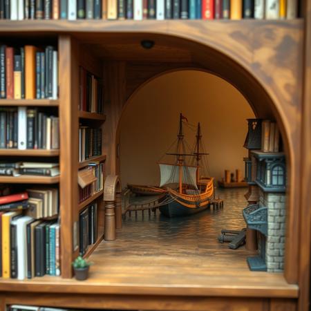 A  bookshelf. There is a book nook of a miniature medieval street that leads to a distant quayside at which a medieval ship is unloading