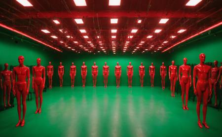 <lora:SDS_Contrast%20tool_XL:1.0> <lora:RMSDXL_Enhance:2.0> (aesthetic, minimalistic:1.3), musical album cover photo of vibrant red bright background, overhead lights, scary green plastic mannequins neatly placed in rows, studio lighting, wide interior background, (vibrant colors:1.2) <lora:sdxl_liminal_v1:1>