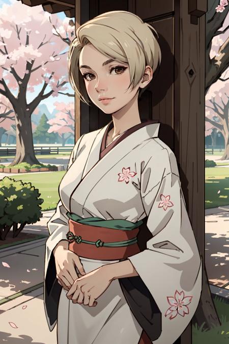 ((ultra detailed, masterpiece, best quality))
 <lora:MEACora:0.8>
MEACora, 1girl, solo, short hair, blonde hair, brown eyes, in a traditional kimono, surrounded by cherry blossoms, one hand on the thigh