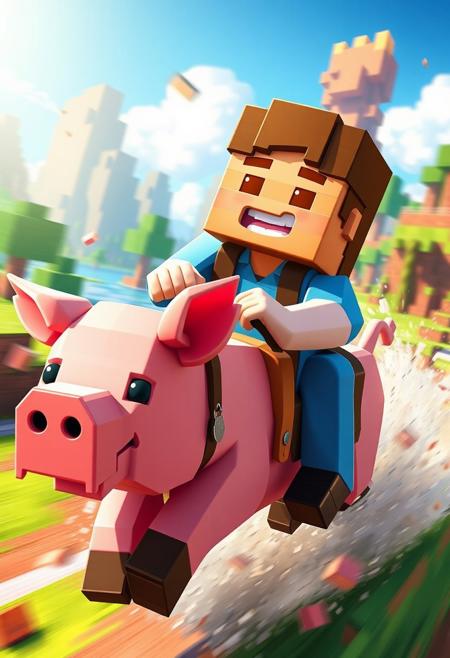 "Illustrate a vibrant, hyper-realistic image of a happy Minecraft villager riding a saddled Minecraft pig at full speed, as if they're racing through the game's blocky world. The villager and pig are both depicted in exquisite, blocky detail, with sharp edges and pixelated textures that seem to leap off the page. The villager's face is a picture of joy, with a wide, toothy grin and a sparkle in their eye. The pig is similarly rendered, with a blocky, pink body as it gallops. The background is a vibrant, blocky Minecraft world, complete with towering trees, sparkling water, and a bright blue sky. The villager and pig are surrounded by a whirlwind of blocky debris, as if they're creating a miniature tornado as they speed through the landscape. The overall effect is one of joyful, unchecked excitement, as if the villager and pig are having the time of their lives racing through the Minecraft world." highest-Quality, intricate details, visually stunning, Masterpiece
