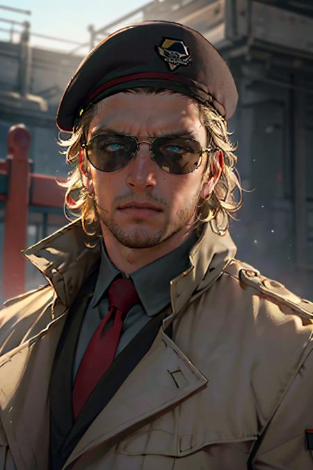 Kazuhira Miller,  blue eyes,  blond hair,  stubble,  wore aviator sunglasses,  white collared shirt,  green suit with a red tie,   khaki trench coat,  black beret,  fit body,  handsome,  charming,  alluring,  intense gaze,  (standing),  (upper body in frame),  perfect light,  only1 image,  perfect anatomy,  perfect proportions,  perfect perspective,  8k,  HQ,  (best quality:1.2,  hyperrealistic:1.2,  photorealistic:1.2,  madly detailed CG unity 8k wallpaper:1.2,  masterpiece:1.2,  madly detailed photo:1.2),  (hyper-realistic lifelike texture:1.2,  realistic eyes:1.2),  picture-perfect face,  perfect eye pupil,  detailed eyes,  realistic,  HD,  UHD,  front view,  portrait, <lora:EMS-264989-EMS:0.6>, <lora:EMS-498-EMS:0.1>