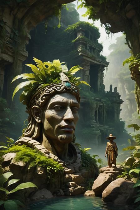 A fantastical, ancient, ruined city hidden deep in the jungle, where crumbling, vine-covered temples seem to be reclaimed by nature, as a group of adventurers in fedoras and bullwhips navigate treacherous, booby-trapped tunnels, and a massive, stone statue of a long-forgotten king comes to life, its eyes glowing with an otherworldly energy. 8K <lora:SDXLFaeTastic2400:1>