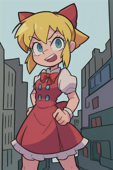 <lora:Roll3D:0.6> Roll3D 1girl,red dress, green bow, blonde hair, blue eyes, in city ruins with a blaster, scene from megaman