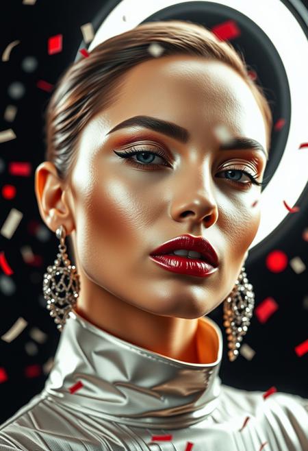 High-Fashion Editorial. Shoot a bold, minimalist portrait with Phase One XF IQ4 and 80mm f/2.8 lens. Use a ring light for even illumination and a honeycomb grid to highlight angular features. Set f/8 for full-face sharpness, ISO 50, 1/125s. Style with metallic makeup and avant-garde headpieces. Freeze motion with a burst of confetti (1/1000s). Post-process with hyper-realistic clarity, boosting saturation on red accents against a matte-black background.