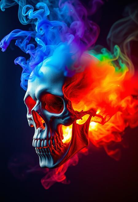 detailed Skull exploding from the inside into multi-colored smoke, high quality, 4K, hyper realistic