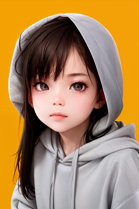 masterpiece, best quality,1girl, solo, hoodie, hood, long hair, brown hair, black eyes, hood up, white hoodie, lips, simple background, closed mouth, upper body, drawstring, yellow background, looking at viewer, traditional media, brown eyes, grey hoodie, portrait, bangs, black hair, nose,