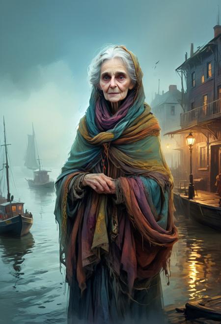 A dynamic digital sketch with loose painterly strokes, depicting an ethereal elderly woman wearing a shawl within a misty, atmospheric Victorian dockside scene.  The style is rough, employing complementary epic colours, light auras, and mystical feeling, with a focus on rich textures. The mood and world-building take precedence over fine detail.