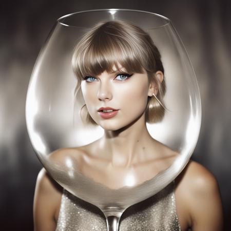 TaylorSwift, art by Peter Coulson,art by Jerry Schatzberg, photograph, Repressive (Female:1.2) inside a Wine glass, Silver Bangs hairstyle, deep yellow Sharingan Eyes, inside of a Megalopolis, winter space, Bathed in shadows, shallow depth of field, Light caustics, film grain, Kodak portra 400, F/14, Sepia filter, surreal design,  <lora:TaylorSwiftSDXL:1>