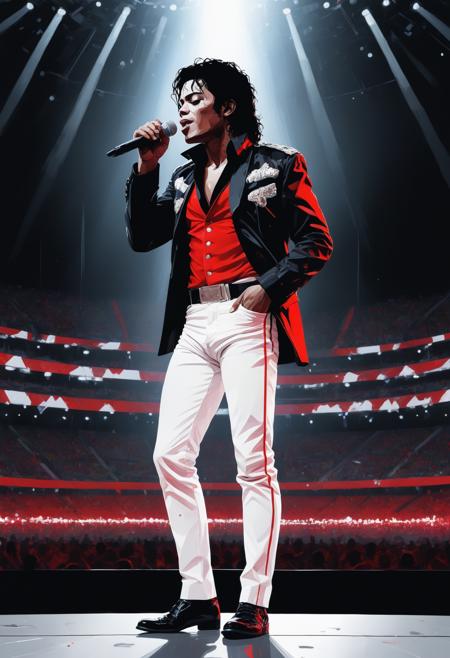 Michael Jackson singing at a standing microphone on a super-wide stage in a really big arena, by conrad roset, greg rutkowski, makoto shinkai, low poly, abstract, style of black and white drawing with red pops of color