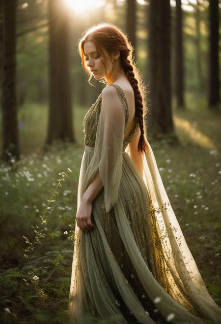 Fine art portrait of a graceful young woman standing in a sun-dappled forest clearing during golden hour. She wears a flowing, nature-inspired gown made of layered, sheer fabric in moss green and soft earth tones, resembling fallen leaves and petals. Her auburn hair is loosely braided with tiny wildflowers woven throughout. She gazes over her shoulder with a calm, wistful expression. The forest glows behind her in soft focus, shafts of light streaming through the trees. Cinematic composition, soft rim lighting, natural tones, high-resolution, ethereal and poetic atmosphere.