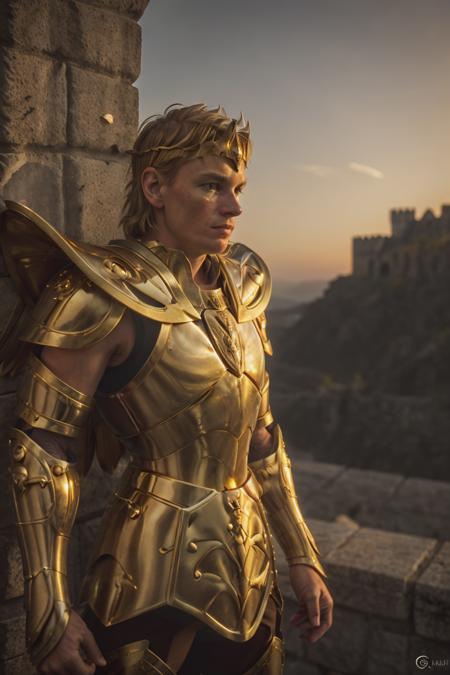best quality close up portrait of an heroic man, in medieval armor with short blonde hair, near a faraway castle at sunset. (full body armor), (detailed armor, golden armor, high quality), (wings armor) (ornate armor), (gauntlet), (hdr), (noble), inspiring, film grain, cinematic lighting, (hight detailed skin), <lora:SagittariusArmor:0.65>  <lora:polyhedron_skinny_all:0.5>