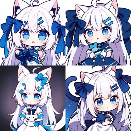 1girl, animal ears, tail, chibi, white hair, cat ears, solo, cat tail, long hair, hair ornament, cat girl, virtual youtuber, dress, blue eyes, ahoge, bow, white background, animal ear fluff, hairclip, holding