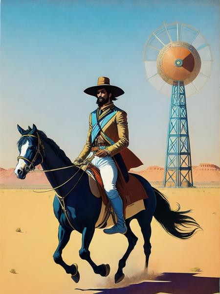 <lora:MoebiusJeanGiraud:1>a painting of a man on a horse in the desert with a windmill in the background by Moebius Jean Giraud