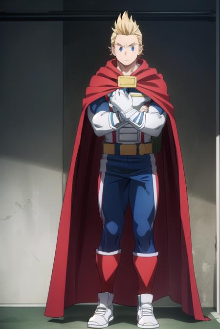 mirio, <lyco:mirio-lyco-nochekaiser:1>,
mirio, short hair, blonde hair, spiked hair,
BREAK gloves, boots, pants, cape, bodysuit, white footwear, red gloves, red cape, blue pants, superhero,
BREAK looking at viewer, upper body,
BREAK indoors, classroom,
BREAK <lyco:GoodHands-beta2:1>, (masterpiece:1.2), best quality, high resolution, unity 8k wallpaper, (illustration:0.8), (beautiful detailed eyes:1.6), extremely detailed face, perfect lighting, extremely detailed CG, (perfect hands, perfect anatomy),