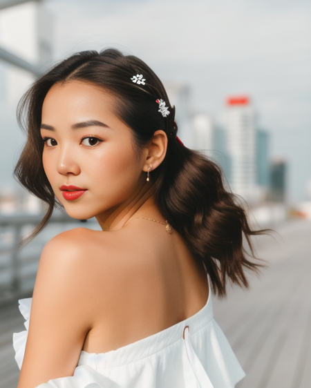 photo of a woman in a white dress is holding her hair up and posing for a picture with a red background, red lip, high detailed skin, skin pores, 8k uhd, dslr, soft lighting, high quality, film grain, Fujifilm XT3