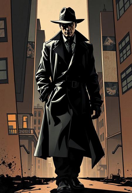 A noir-inspired detective, his trench coat detailed in sharp comic style, but his shadow and environment dissolve into angular Cubist forms, creating a layered, surreal cityscape.cinematic comic book realism infused with fragmented Cubist abstraction, dynamic action poses blending into geometric layered planes, high-detail figures dissolving into angular shifting perspectives, bold dramatic lighting with textured earthy color palettes, immersive yet deconstructed storytelling