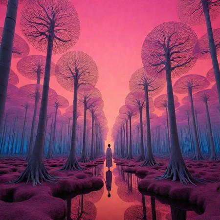 A surrealistic fusion of Reuben Wu's ethereal landscapes with Nick Knight's hyper-realistic models. A Synthetic forest of barcode trees, where creatures with Taro Okamoto's biomechanical limbs frolic and play. The sun sets in vibrant, electric hues, casting long, synthetic shadows that distort the Sharp Focus images of the models. In the distance, a satellite hovers, projecting old school designs onto the landscape, OverallDetail