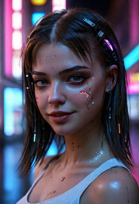 Visualize a professional, (Utopia,city:1.0), (Smile:1.0),high-resolution, mid-body portrait that brings to life the nuanced realism of a young woman with Android characteristics, amidst the distinct ambiance of a Utopia city. This photograph, captured with an advanced digital SLR camera, is renowned for its exceptional detail resolution and depth of field capabilities. Special attention is given to the woman's skin and eyes, aiming for an unparalleled level of realism that highlights the texture of her skin and the depth of her eyes, making them the focal points of the composition. The wide aperture setting ensures the subject is crisply in focus, with the city's neon-infused backdrop beautifully blurred, providing a contrast that accentuates the subject's features. The selection of the scene demands creativity and diversity, moving away from clichd representations to capture unique moments within the cyberpunk setting that are rich in detail and emotion. Advanced lighting techniques are employed to illuminate the skin and eyes vividly, showcasing the interplay of light and shadow that defines the contours and expressions. The aim is to create a portfolio of images that explore a variety of scenarios, expressions, and compositions, each telling its own story of the symbiosis between human and technology in a future world."8k,35mm, fflixdocphoto