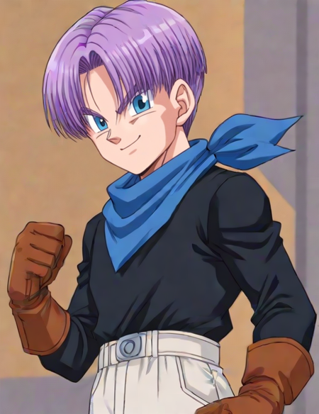 GT Trunks, short purple hair, blue eyes, black long sleeved shirt, blue bandana, brown leather gloves, white baggy short slacks, cutty sark socks, brown boots, solo