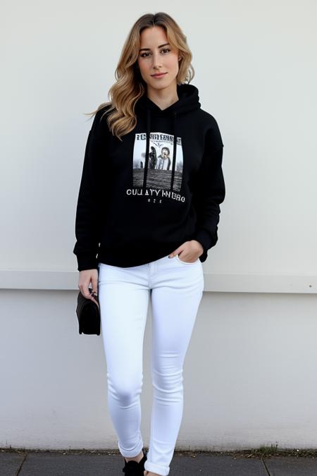 full body shot of gillianzinserlora, wearing a (black sweatshirt) and (white jeans), standing, outdoor, masterpiece  <lora:gillianzinserlora:1>