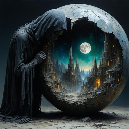 Painterly dark fantasy illustration, style of Brom and Zdzisław Beksiński. Medium close-up: A figure fused from cracked porcelain doll fragments and rusted clockwork gears, hunched posture, gazes intently into a shimmering obsidian orb glowing with internal nebula-like light. Within the orb, a sharp, miniature vision: a sprawling cityscape meticulously constructed from iridescent, shifting beetle wings. Dramatic moonlight casts stark highlights on cracked porcelain and corroded metal, contrasting deep abyssal shadows. Visible, textured brushstrokes. Swirling chromatic dust motes obscure the background. Atmosphere of detached fascination, impossible construction, dreamlike logic.