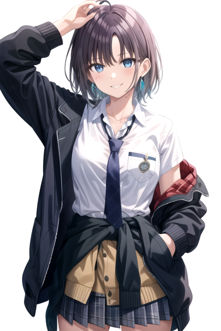 <lora:ToruAsakura-05:0.7>,asakura toru, 1girl, solo, looking at viewer, smile, short hair, skirt, simple background, brown hair, shirt, white background, jewelry, school uniform, blue hair, jacket, white shirt, ahoge, pleated skirt, earrings, necktie, bracelet, parted bangs, plaid, plaid skirt, blue jacket, black necktie, grey skirt, sleeves rolled up, pocket, breast pocket, clothes around waist, cardigan around waist