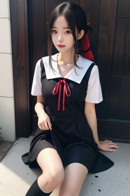 ultra-detailed,highly detailed,best quality,masterpiece,illustration,nsfw,
1girl, kaguya,shinomiya kaguya, cosplay,hair ribbon, folded hair,
shuuchiin academy school uniform,summer uniform,short sleeves, sailor collar,pinafore dress,
<lora:kaguya_sum_v1_03:0.6>