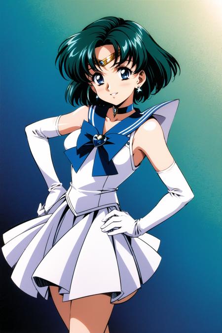 1girl, solo, sailor senshi uniform, gloves, magical girl, blue eyes, skirt, choker, bow, short hair, tiara, green hair, back bow, jewelry, elbow gloves, sailor collar, white gloves, sailor mercury, earrings, blue skirt, smile, blue sailor collar, blue choker, mizuno ami, brooch, hand on hip, pleated skirt, circlet,  <lora:Koh Kawarajima:0.8>