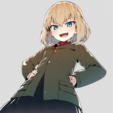 best quality, masterpiece, 1girl, katyusha, blonde hair, blue eyes, bob cut, flat chest, pravda school uniform, (smug:1.1), open mouth, hand on own hips, (from below:1.1), cowboy shot, grey background <lora:katyusha-18:0.9>