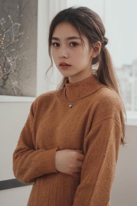 one pretty european girl, (.5 filipina) solo, blonde hair, (half updo), blue eyes, lips, collarbone, big tits, cleavage, necklace, jewelry, orange patterned dress, looking at viewer, indoor, bokeh, upper body, film grain, cowboy shot, epiCPhoto, <lora:pytorch_lora_weights:0.5>, <lora:breastsizeslideroffset:0.2>, <lora:picxer_real:0.7>, <lora:InstantPhotoX3:0.4>, <lora:more_details:0.6>