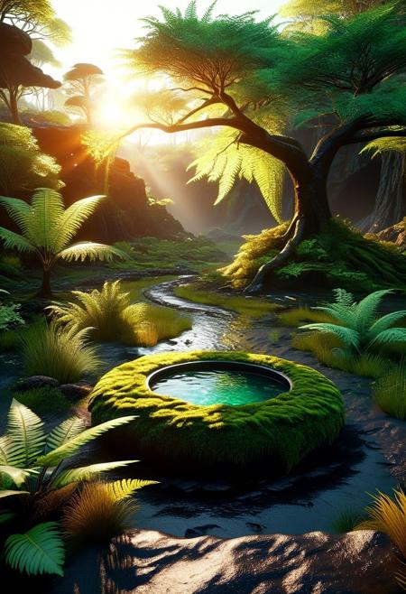 a tranquil woodland grove, untouched by the ravages of time. Here, shafts of golden radiance pierce the verdant canopy above, casting pools of warmth upon the loamy soil below. Fern fronds sway gently in the balmy zephyr, their emerald foliage whispering tales of ages past.
Amidst this sylvan idyll perches a diminutive avian marvel - a sprite of plumage and song. Soft, downy feathers of palest ivory and sage adorn its rotund frame, blending harmoniously with the moss-draped bough upon which it rests. Large, limpid eyes of deepest amethyst gaze out at the world with a childlike mixture of innocence and intrigue.
This tiny treasure seems almost too perfect to exist outside the pages of myth and legend.
made of Lava, 
3d-rendering, concept-art, digital, dreaminess, futuristic, multimedia, virtual-reality, 
eeriness, fantasy, other-worldliness, science-fiction, surreal, 
colorful, sci-fi style, technological, alien worlds, space themes, advanced civilizations, 
best quality, masterpiece, aesthetic, intricate details, highly detailed, ultra-detailed, absurdres, unreal engine, octane rendering, high contrast, vivid, vibrant, volumetric lighting, sharp focus, 
ObsidianSand