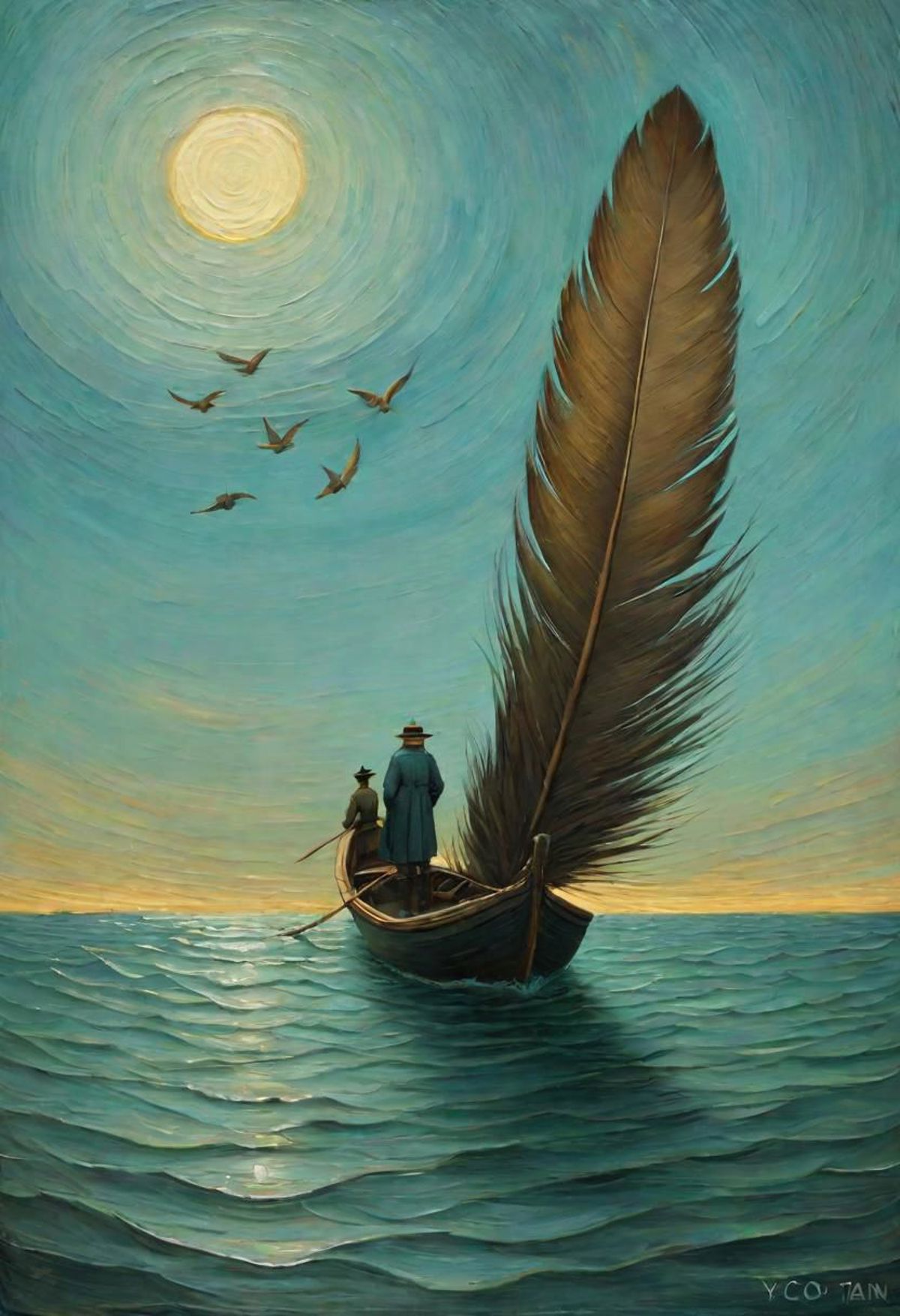 A painting of a man and a woman in a boat at sea with birds flying overhead.