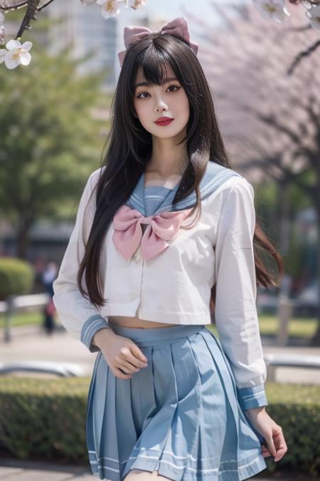 ltra-detailed,highly detailed,best quality,masterpiece,illustration,realistic,photorealistic,
hutao, solo, 1girl, cosplay, 
school uniform, sailor collar, serafuku, long sleeves, bowtie, pleated skirt, midriff peek, 
long hair, bangs, hair bow, 
looking at viewer, cowboy shot, standing, 
outdoors, day, photo background, grass, park,cherry blossoms, falling petals, wind,
 <lora:hutao_jk_v1_03:0.7>