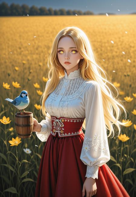 A Slavic Bereginya with long golden hair. Glowing yellow eyes. Full lips of dark red color. Gentle light skin. Wears a white embroidered shirt and red skirt. Stands in a field of wildflowers. Holds a wooden cup. Birds sing around her.
(Slavic Bereginya, traditional clothing)
((half body view))