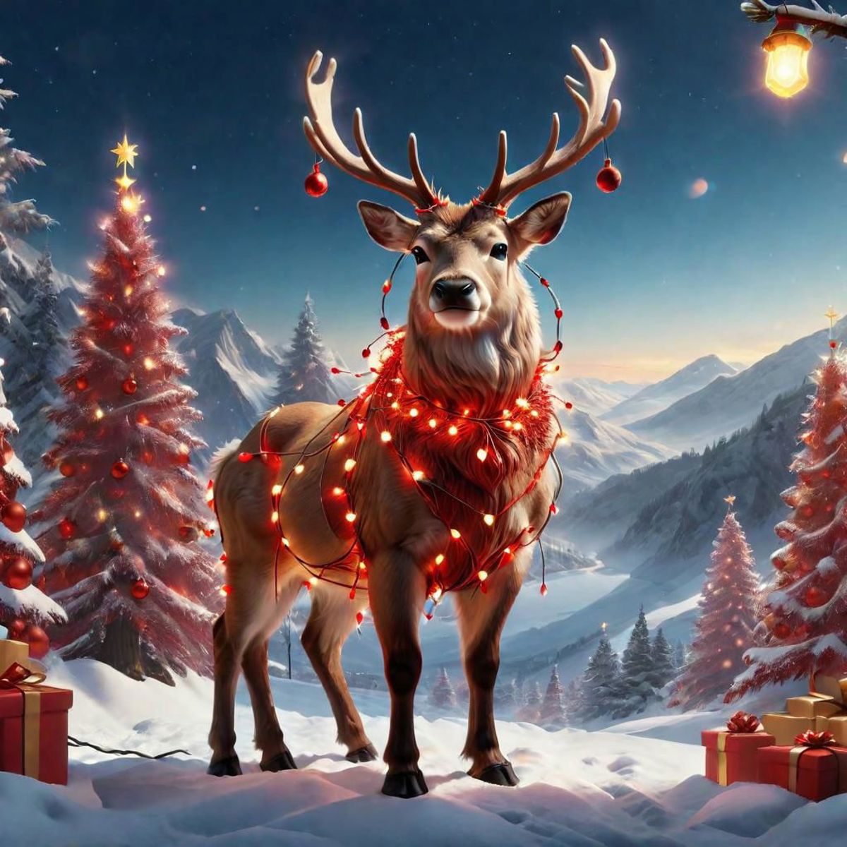 Animated Christmas Deer with Lights in Snowy Landscape