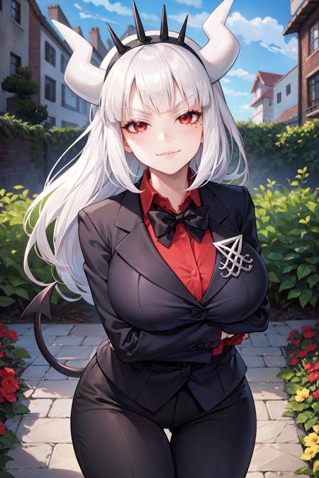 (masterpiece, best quality, glowing light, ultra detailed, detailed background, complex background), (perfect face, detailed face), (mature female, milf:1.3), red eyes, half-closed eyes, smirk, smug
  <lora:lucifer:1>, lucifer, horns, demon girl, demon horns, mole, mole under eye, white horns, tail, shirt, demon tail, long hair, red shirt, large breasts, blunt bangs, collared shirt, gloves, formal
(outdoors, garden, thighs, suit, bowtie, pants, demon tail,  )