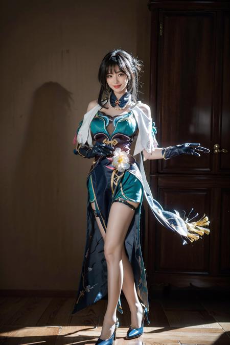 best quality, masterpiece, photorealistic, 1girl, solo, standing, full body, looking at viewer, smile, closed mouth, bangs, hair between eyes, ruanmei cosplay costume, china dress, chinese clothes, cosplay, ruanmei, dress, gloves, elbow gloves, hair ornament, high heels, jewelry, thigh strap, <lora:starrail_Ruanmei_cosplay_v1:0.7>