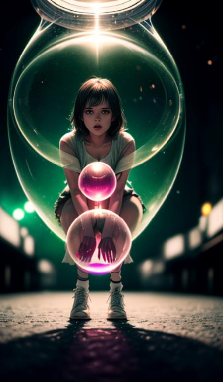 blowing bubble gum, green bubble gum,young girl, abstract dream, space, intricate, grand scale, alone, cinematic film still, insane detail, sharp focus, depth of field, realistic lighting, (realistic perspective), complex, (multiple subjects), 4k HDR, <lora:add_detail:0.5> <lora:more_details:0.25> <lora:FantasyWorldV1:0.25>