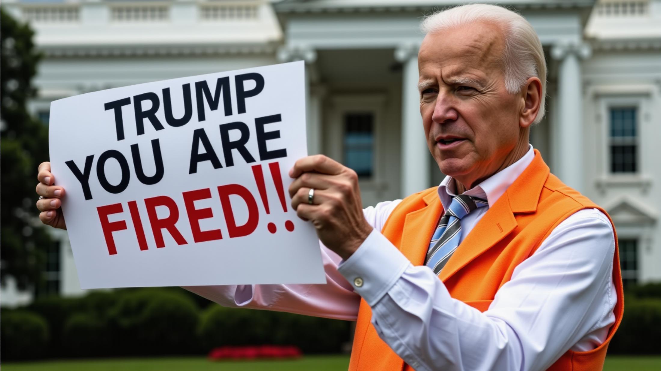 Joseph  Biden, in a vibrant orange usa waistcoat, stands defiantly at the White House. He holds a crisp white sign reading 'Trump, you are fired!!' in bold black letters. Hyper-realistic style captures every wrinkle, pore, and fabric texture. Tense atmosphere, determined expression, Washington backdrop.