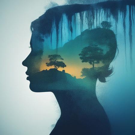 [Abstract style waterfalls, wildlife] inside the silhouette of a [woman] as head that is a double exposure photograph . Non-representational, colors and shapes, expression of feelings, imaginative, highly detailed