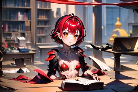 1girl, <lora:nisha:0.9>, red hair, golden eyes, scales, library, table, book, reading,, masterpiece, high detail