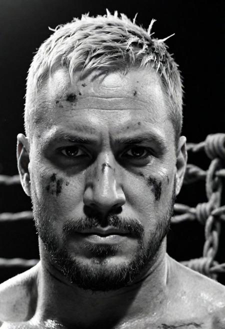 cinematic, ((black and white, monochrome, greyscale)), full body, portrait, of a highly detailed, 38yo Texan, male wrestler, very short blonde hair with high fade, detailed focused eyes, short blonde beard, strong jaw, muscular, bulky, bruised, battered, ((scars)), (body scarred), wrapped in barbed wire, ready to fight and wrestle, in a dark, pitch black, wrestling ring, He is a former IUW Ultraviolent Champion and CEW Uprising Champion, his nickname is The Iron Man, not because he's a superhero but because he's as tough as iron and can take a beating and still ask for more. noise, noisy, detailed, high quality, cinematic lighting, contrast, heavy dynamic shadows, atmospheric,