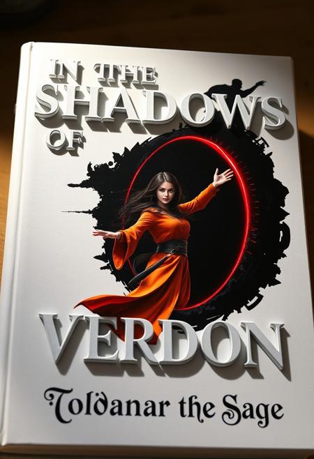 Create a book cover called ("In the Shadows of Verdon"), the letters of the title are 3D embossed white letters jutting out of the cover on a white background but you can read the dark shadow they cast on the page, the cover is white, in the middle of the book there is a beautiful Summoner brunette woman in fantasy wizard orange clothing being pulled into a black portal with a red edge, there is extreme foreshortening as she extends her arm towards the viewer while her body is pulled inside the black portal with the red outline.  The book cover has vivid colors with a color silver and white and red color pallette very well rendered and extremely detailed, at the bottom are the name of the author ("Toldanar the Sage") written in english with a fancy French font surrounded by magical runes