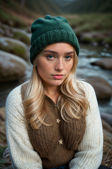 1girl, jessical, blonde hair, long hair, closed mouth, upper body selfie, masterpiece, best quality, ultra-detailed, solo, outdoors, (night), mountains, nature, (stars, moon), happy, backpack, sleeping bag, mountain boots, gloves, sweater, hat, flashlight, forest, rocks, river, wood, smoke, shadows, contrast, clear sky, analog style, (look at viewer:1.2), (skin texture), (film grain:1.3), (warm hue, warm tone :1.2), close up, cinematic light, sidelighting, ultra high res, best shadow, RAW, upper body, wearing pullover    <lora:Jessica:1>