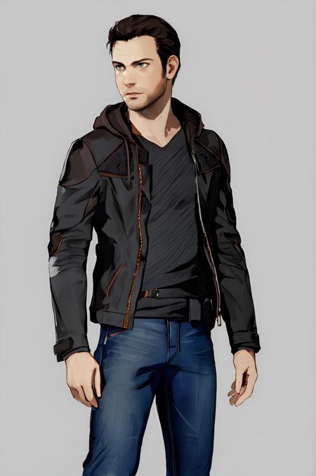 (RAW photo), concept art, <lora:gavreedtest:0.6>, gavinreed, male focus, gray background, jacket, jeans