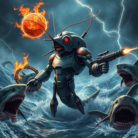 An ultra muscular robotic shrimp with giant muscles and red eyes in a raging ocean during a lightning storm surrounded by mutant sharks, throws a flaming bucksketball into a ring with one hand and holds a futuristic bazooka in the other hand