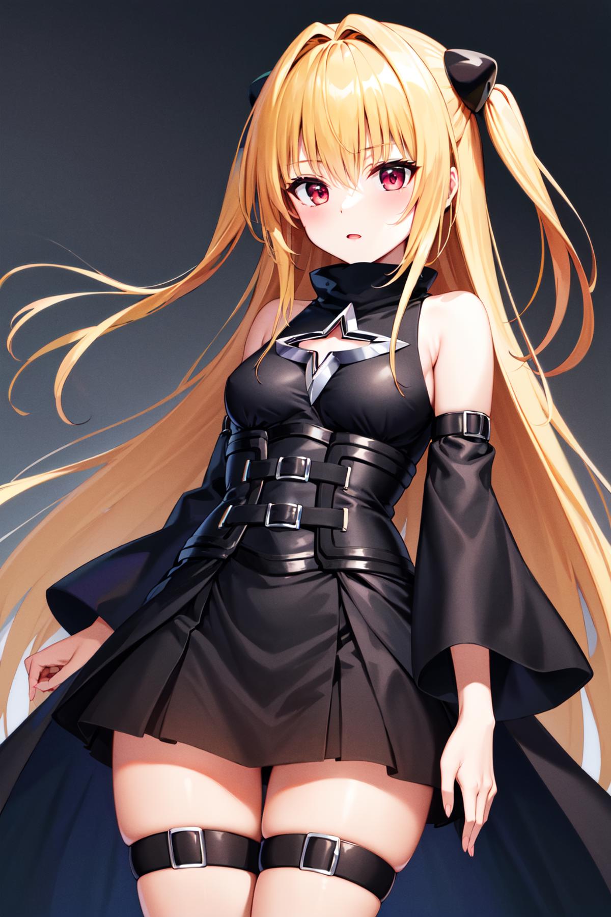 Anime girl with long blonde hair wearing a black dress and black boots.