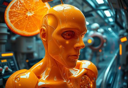 “Plastic Man morphing into an orange, blending human and fruit features with intricate high-technology details. His body exhibits glossy, translucent plastic textures merging seamlessly with the vibrant, textured orange peel. Random, glowing, fancy spots illuminate the scene, resembling futuristic bio-luminescence. The setting is an abstract, high-tech environment, filled with mechanical and organic elements. Rendered with cinematic prime lens effects, using a fisheye 12mm perspective for dramatic distortion and dynamic depth, showcasing surrealism with stunning visual clarity.”